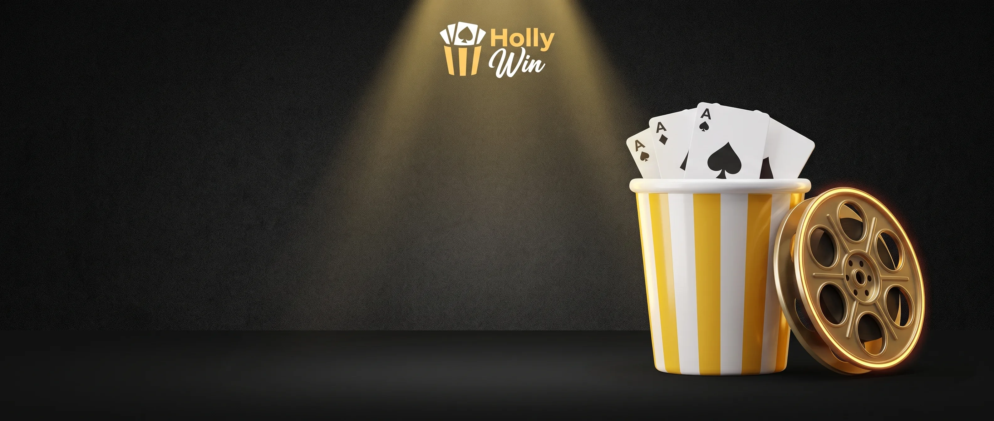 HollyWin Casino mit goldener Filmrolle, Spielkarten und Popcorn im Film-noir-Stil